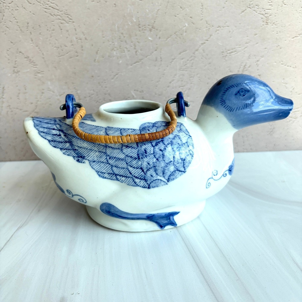 Blue and White Hand Painted Porcelain Duck Teapot Wicker Handle Made in China